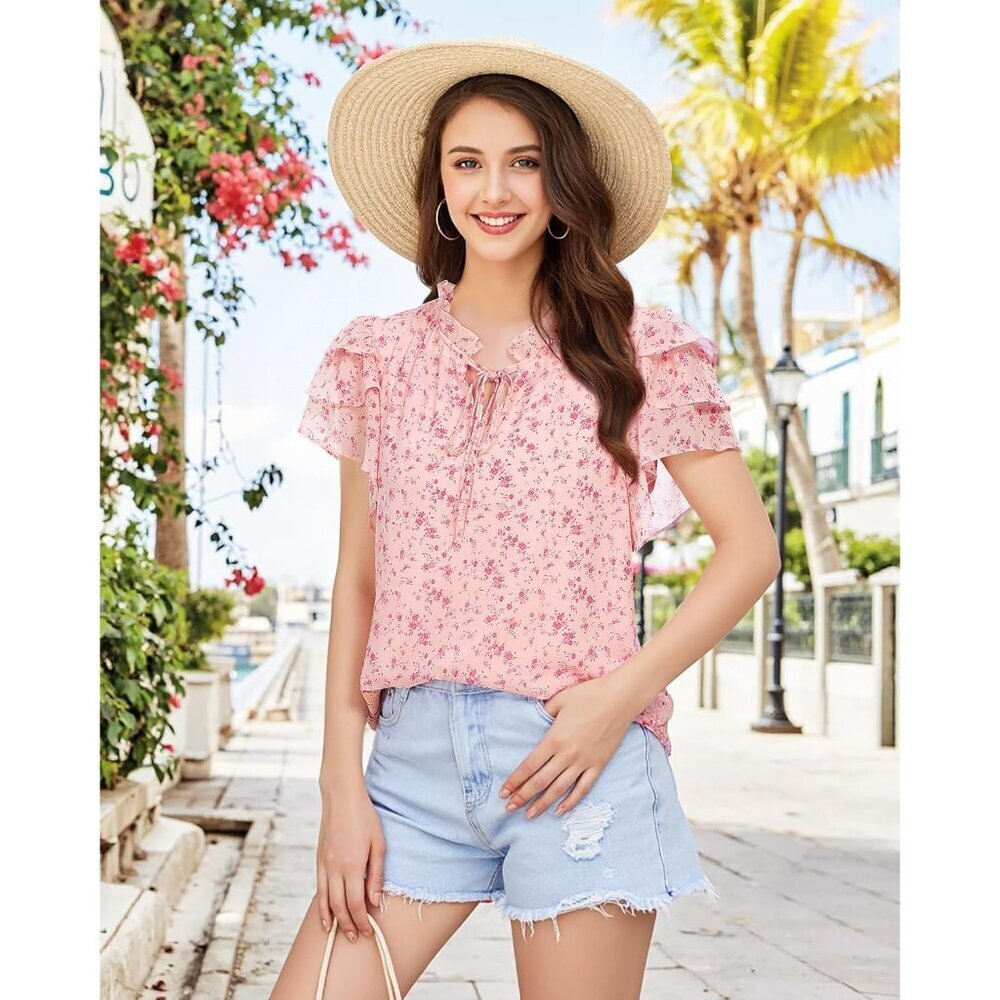 Chiffon Blouse Women Summer Ruffle Sleeves V-Neck Tie Detail Elegant Top - Picture 5 of 6